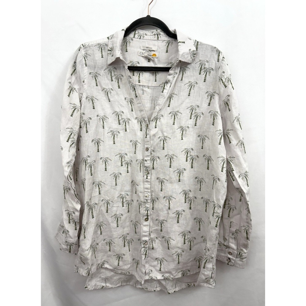 C&C California 100% Linen Top White Green Palm Tree Long Sleeve Womens M FLAW